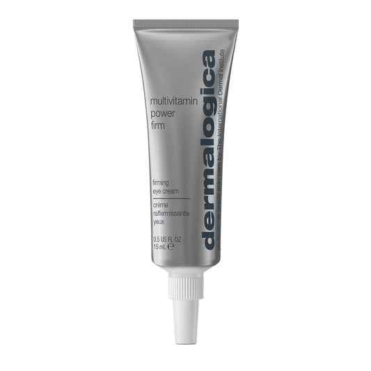 Eine silberne Tube MultiVitamin Power Firm Augencreme, 15 ml, ist aufrecht auf einem weißen Hintergrund abgebildet.