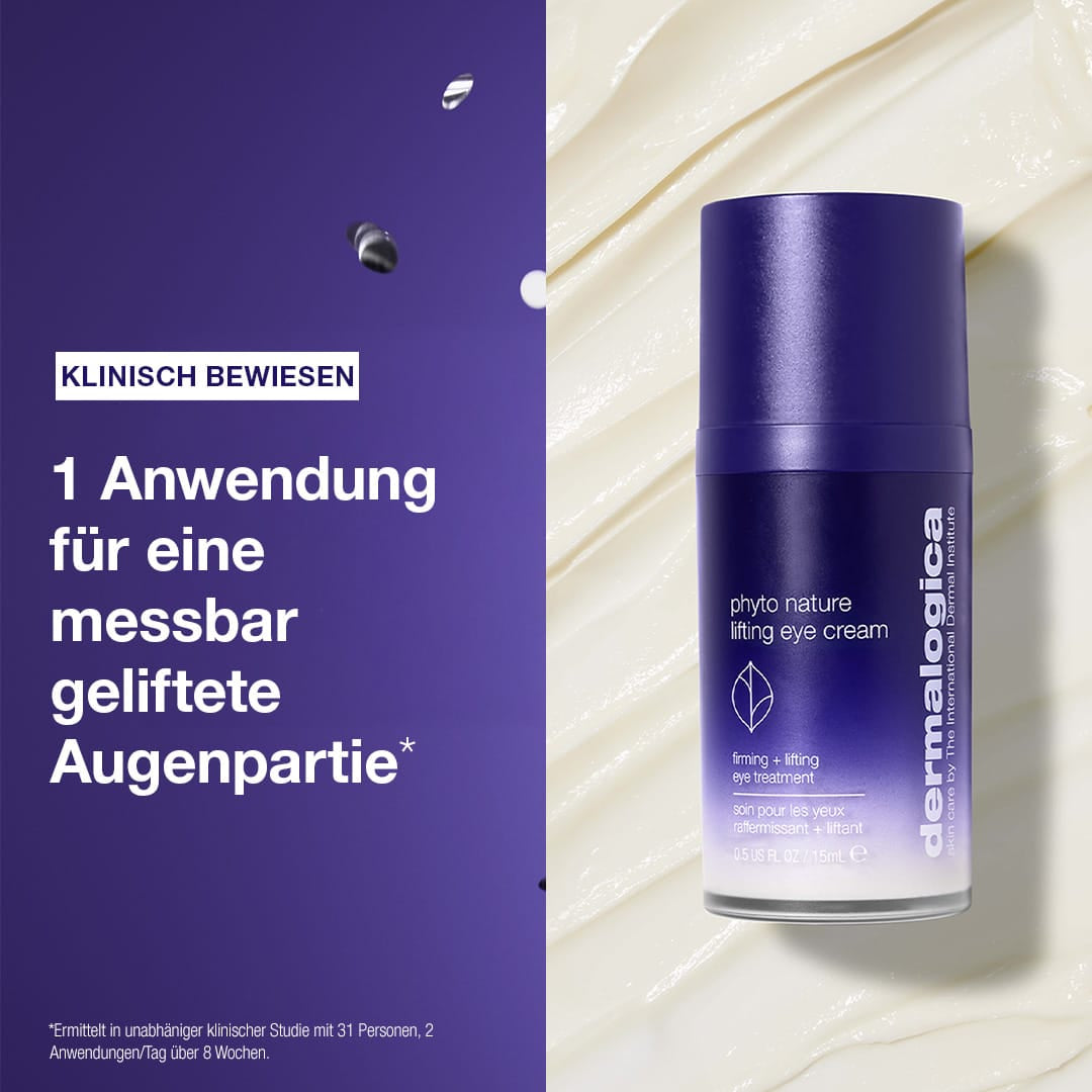 Die Flasche des „Expert Lift Set“ auf hellem Hintergrund mit einem Text, der auf die klinisch nachgewiesene Lifting-Wirkung bereits nach einer Anwendung hinweist. Dank des „Phyto Nature Trio“ wirkt dieses Set der Hautalterung entgegen und fördert die Langlebigkeit der Haut – für sichtbar glattere, gestraffte Haut im Augenbereich.