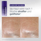 Nahaufnahme der Haut vor und nach einer Woche Anwendung des „The Expert Lift Set“, die eine sichtbar straffere und geliftete Haut für mehr Langlebigkeit der Haut zeigt. Der Text und die Produktflasche sind im Bild zu sehen.