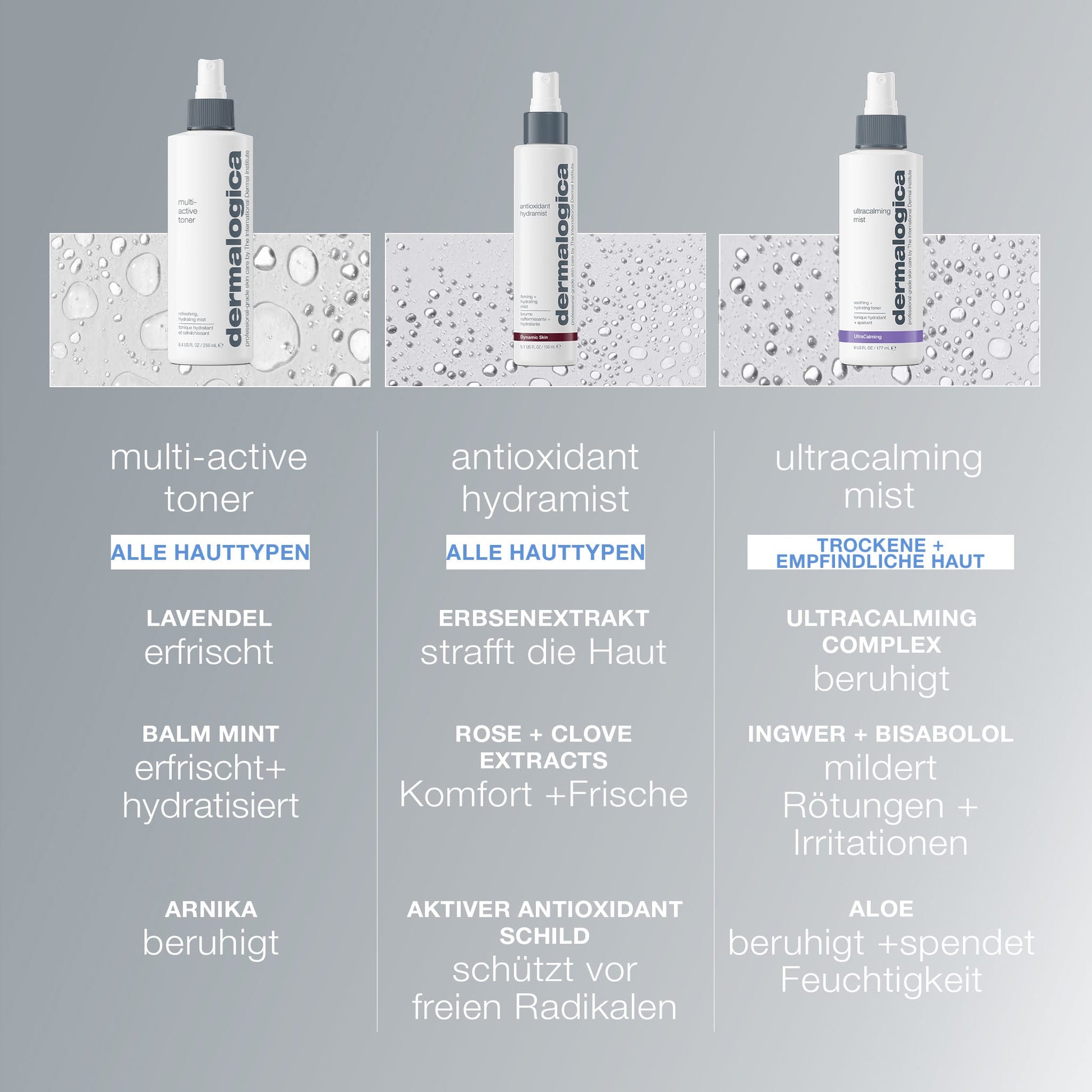 Der Dermalogica Multi Active Toner wird mit seinen wichtigsten Vorteilen und Inhaltsstoffen, wie Lavendel und Aloe Vera, die der Haut Feuchtigkeit spenden oder das Make-up fixieren, unterhalb der Flasche angezeigt.