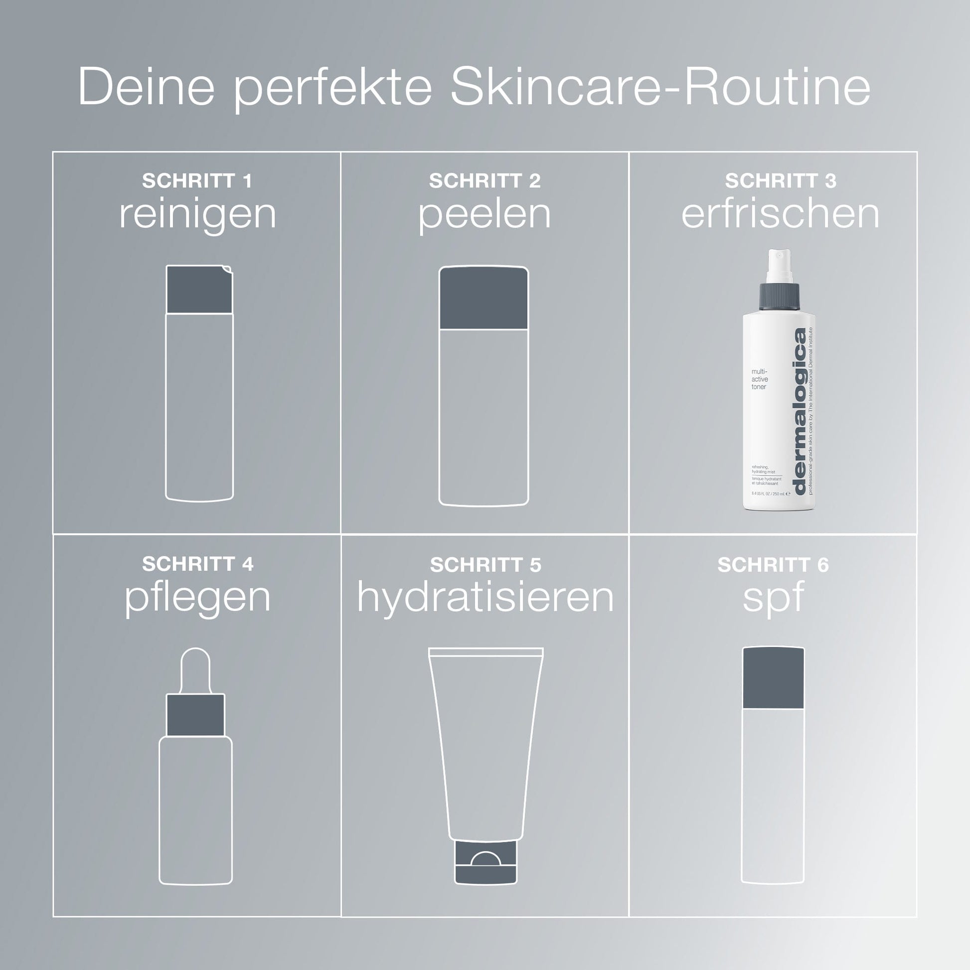 Ein deutsches Sechs-Schritte-Schema für die Hautpflege mit Symbolen für Reinigung, Peeling, Multi Active Toner (feuchtigkeitsspendend mit Lavendel & Aloe Vera), Pflege, Feuchtigkeitspflege und LSF. Eine Flasche ist mit "dermalogica" beschriftet.