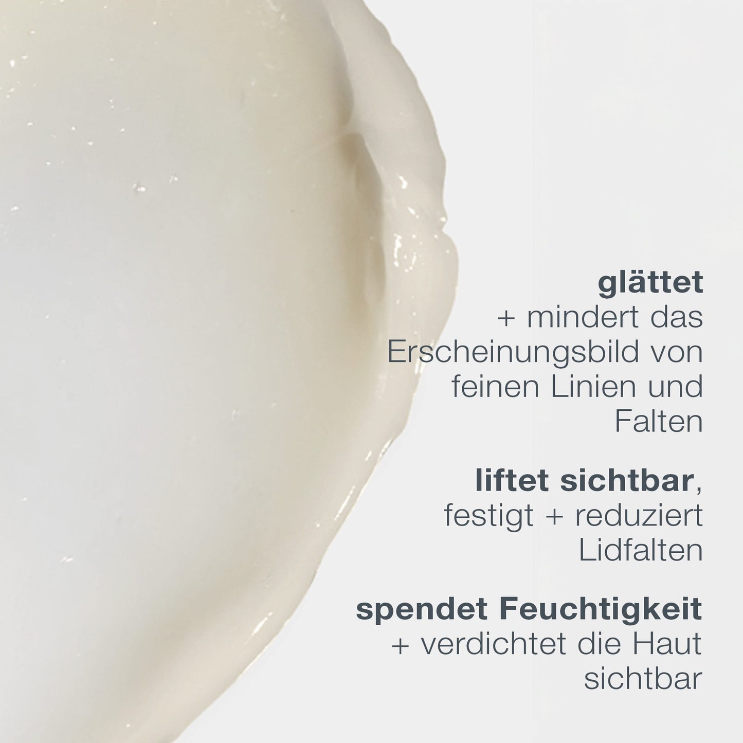 Links eine weiße Cremetextur, rechts ein deutscher Text, der die Phyto Nature Lifting Eye Cream als glättend, sichtbar straffend, die Augenlider festigend und die Haut mit Feuchtigkeit versorgend beschreibt.