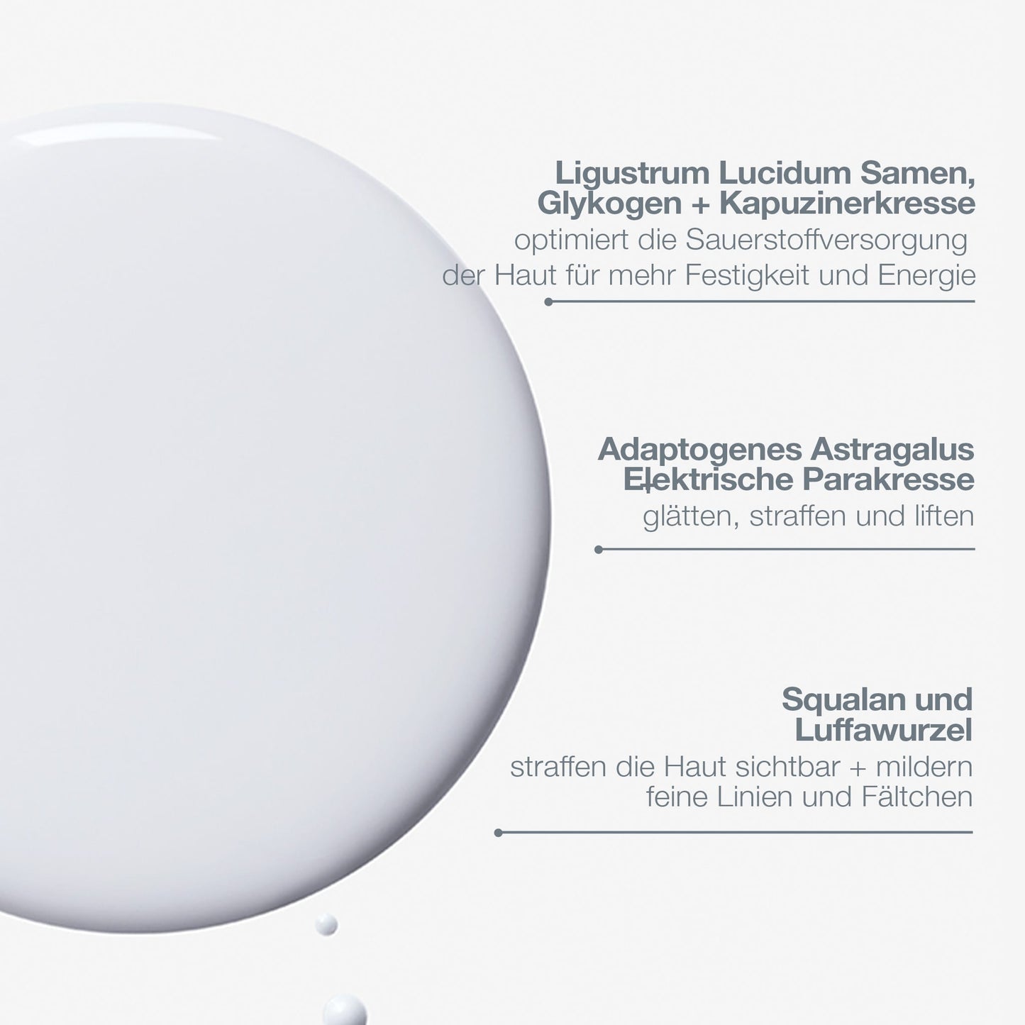 Eine weiße Kreisform auf hellem Hintergrund zeigt drei deutsche Textzeilen über straffende Feuchtigkeitspflege, Hautalterung und Phyto Nature Oxygen Cream, die jeweils durch kleine Punkte mit dem Hauptkreis verbunden sind.