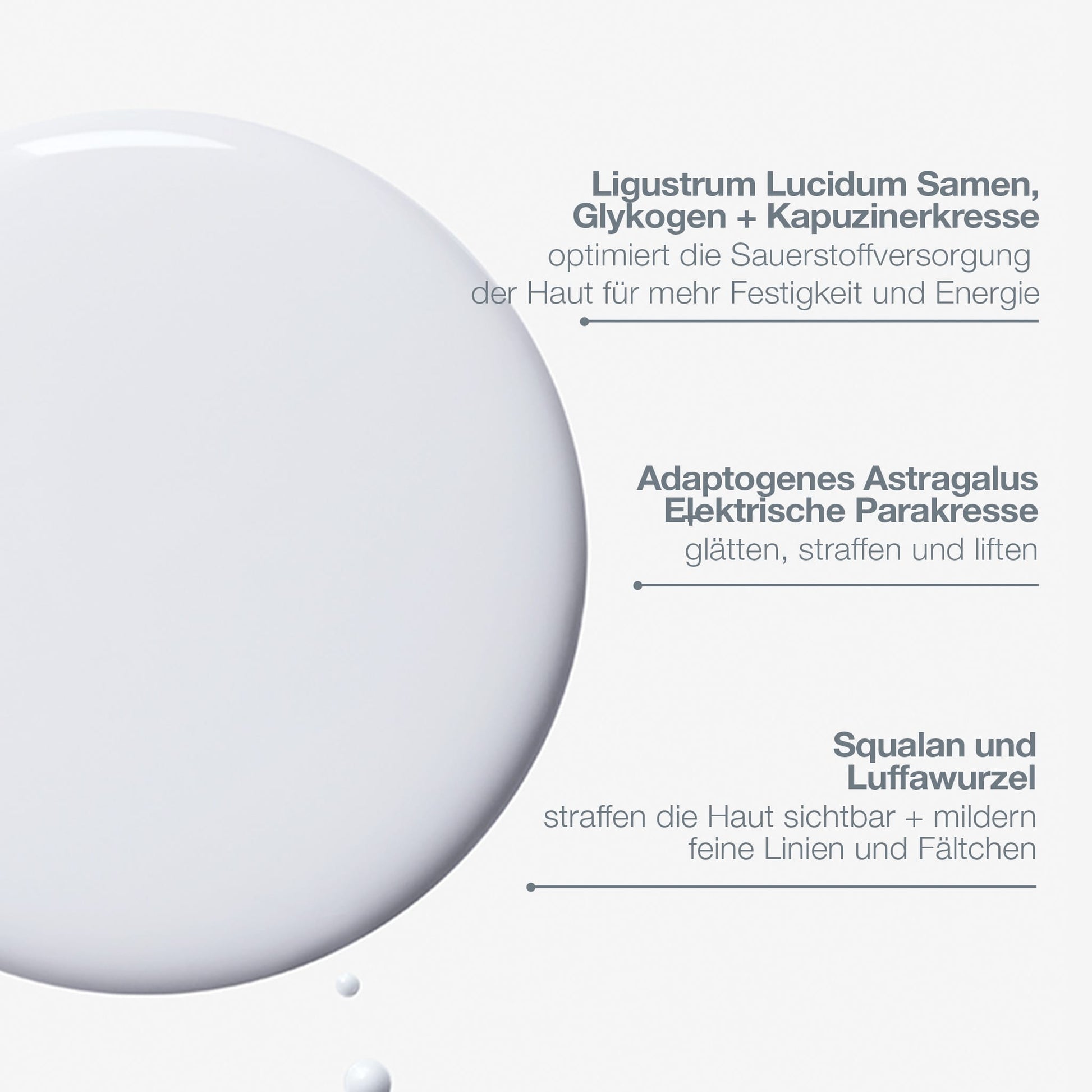 Eine weiße Kreisform auf hellem Hintergrund zeigt drei deutsche Textzeilen über straffende Feuchtigkeitspflege, Hautalterung und Phyto Nature Oxygen Cream, die jeweils durch kleine Punkte mit dem Hauptkreis verbunden sind.