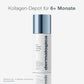 Eine Flasche Pro-Collagen Banking Serum steht in der Mitte des Bildes auf einem hellen Hintergrund, mit deutschem Text, der die Vorteile von Kollagen Haut für mehr als 6 Monate hervorhebt.