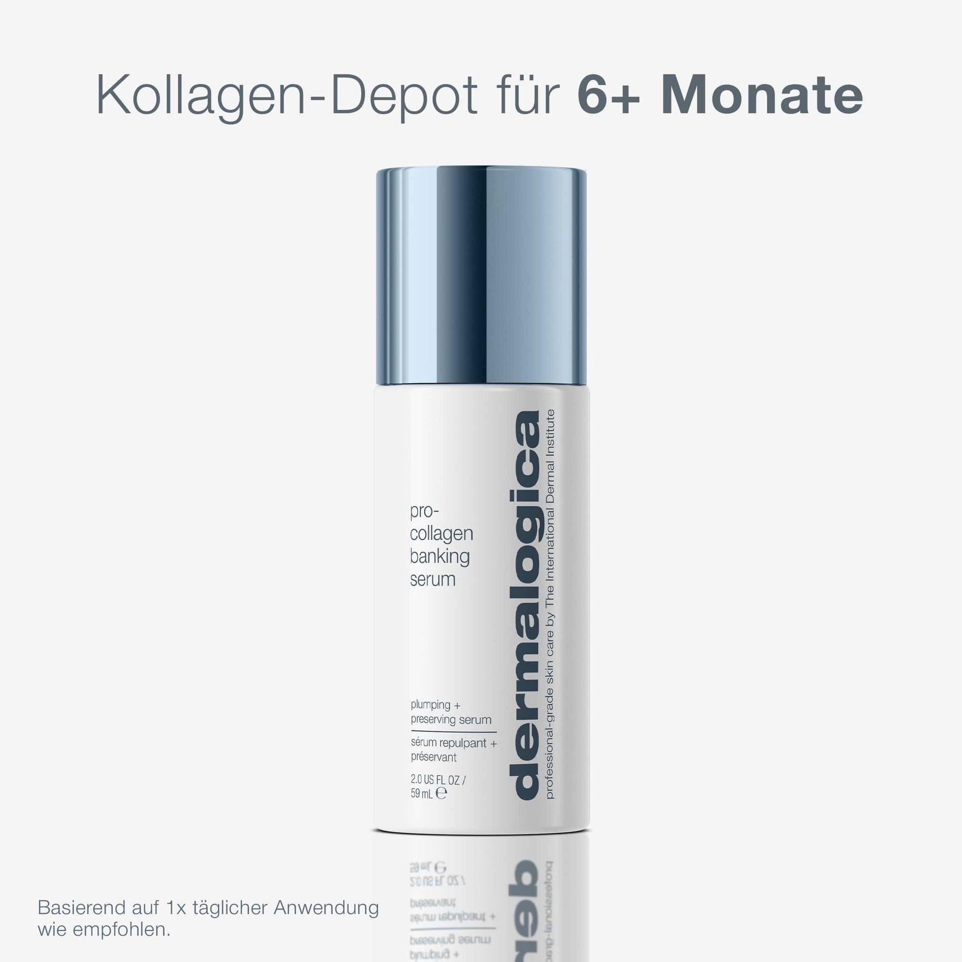 Eine Flasche Pro-Collagen Banking Serum steht in der Mitte des Bildes auf einem hellen Hintergrund, mit deutschem Text, der die Vorteile von Kollagen Haut für mehr als 6 Monate hervorhebt.