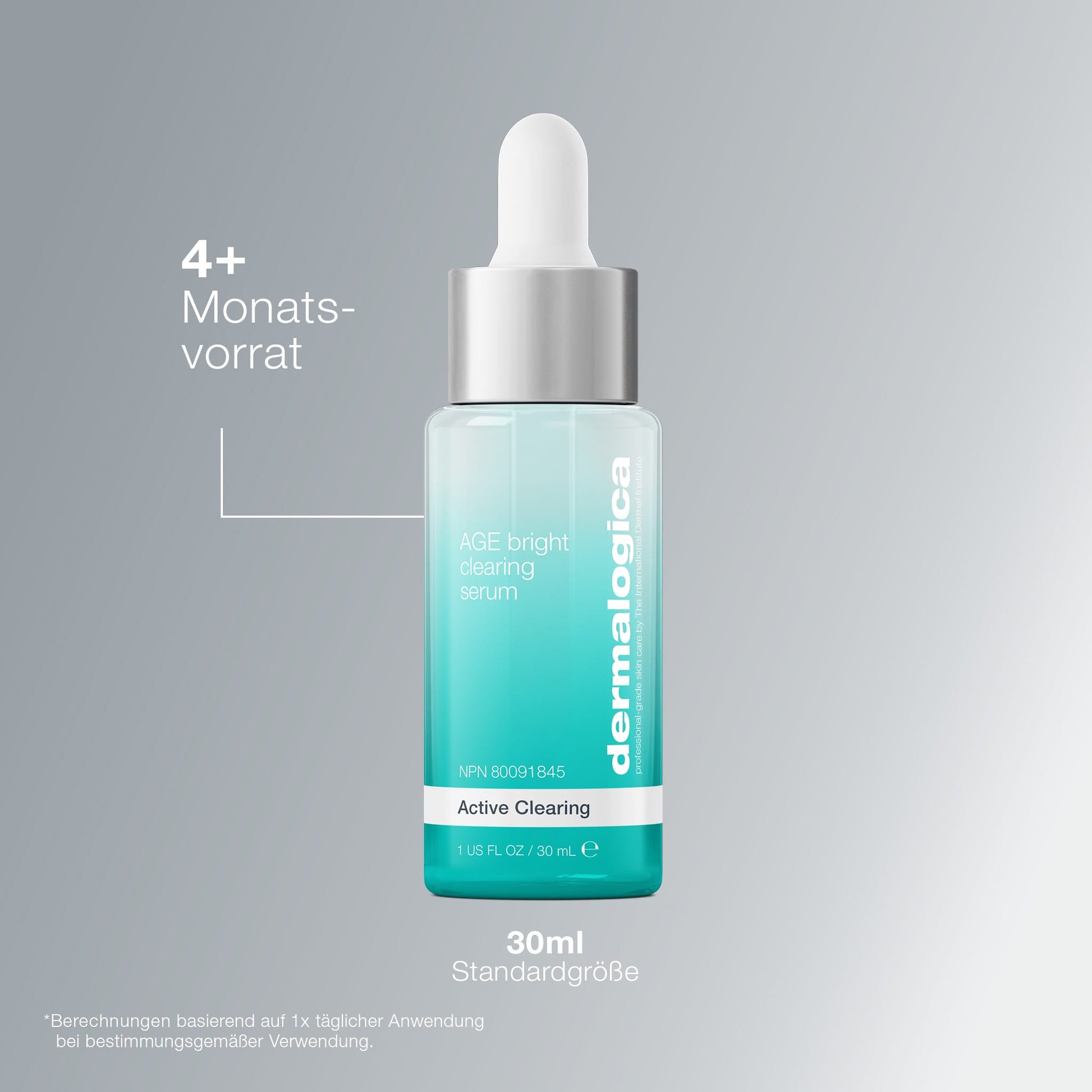 Eine 30-ml-Flasche AGE Bright Clearing Serum, ein Serum für Erwachsene Akne und Alterung, mit Tropfer auf grauem Hintergrund. Der Text zeigt einen Vorrat für mehr als 4 Monate an.
