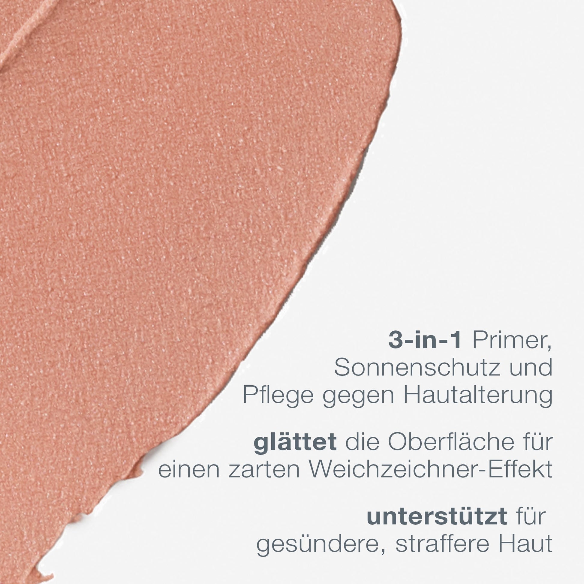 Ein Muster des pfirsichfarbenen Creme-Make-ups mit der Aufschrift "SkinPerfect Primer SPF30" und einem deutschen Text, der es als 3-in-1-Make-up-Grundierung, Sonnenschutz und Anti-Age-Pflege für glatte, gesunde Haut beschreibt.