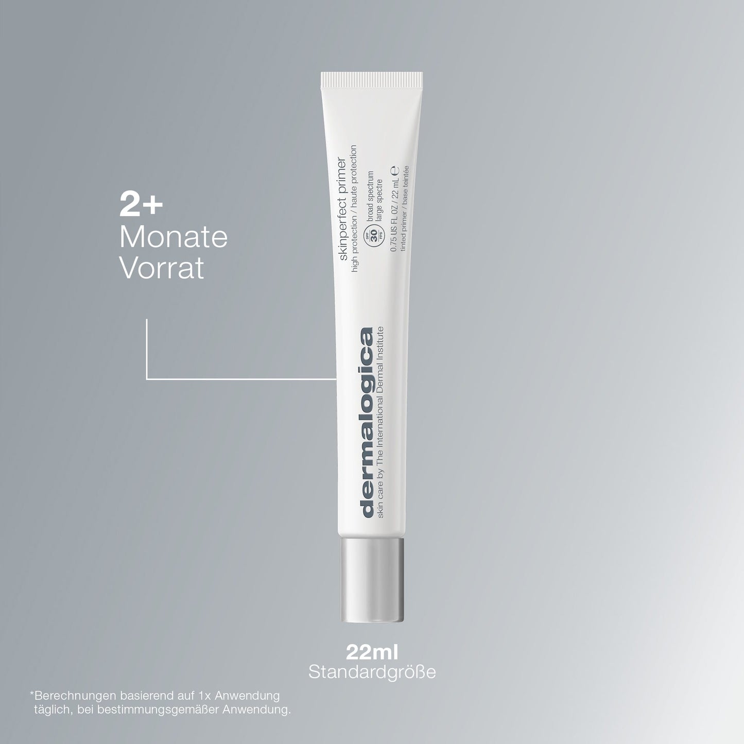 Eine weiße Tube SkinPerfect Primer SPF30, 22ml Standardgröße, mit Text, der besagt, dass sie über 2 Monate hält - perfekt als Make-up Grundierung und bietet Anti-Age-Pflege Vorteile.