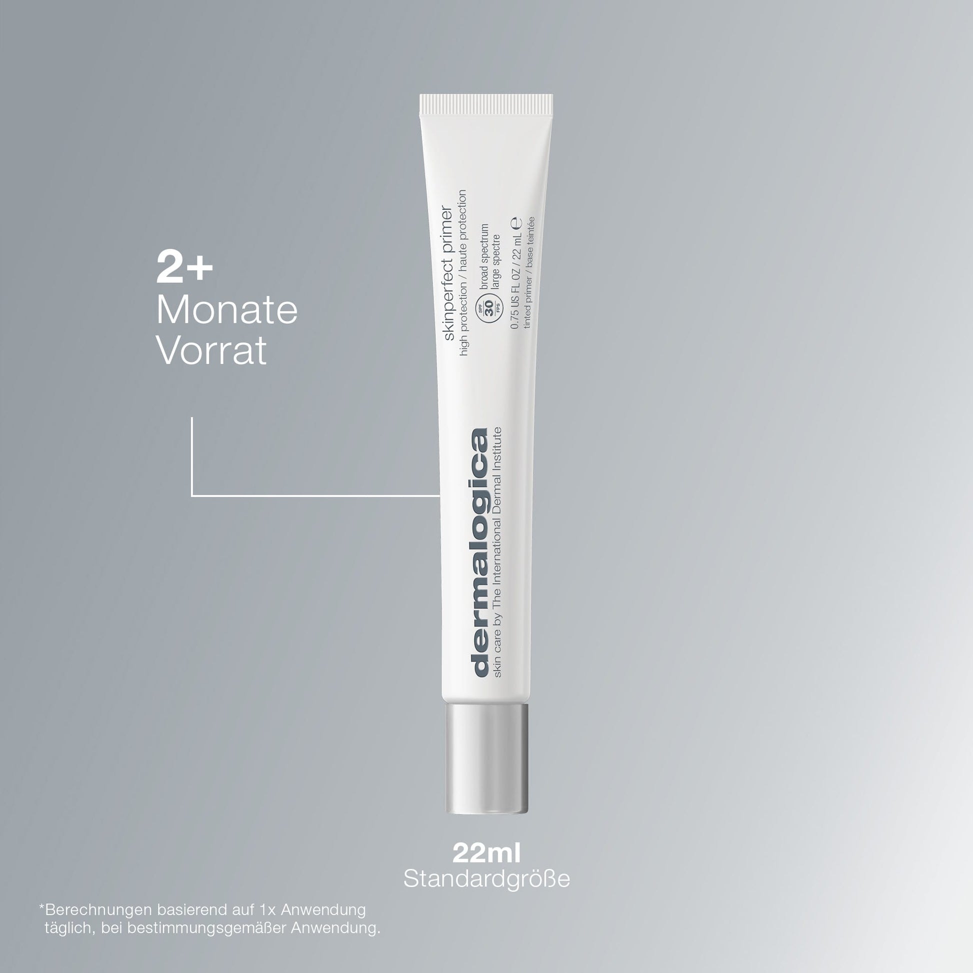 Eine weiße Tube SkinPerfect Primer SPF30, 22ml Standardgröße, mit Text, der besagt, dass sie über 2 Monate hält - perfekt als Make-up Grundierung und bietet Anti-Age-Pflege Vorteile.