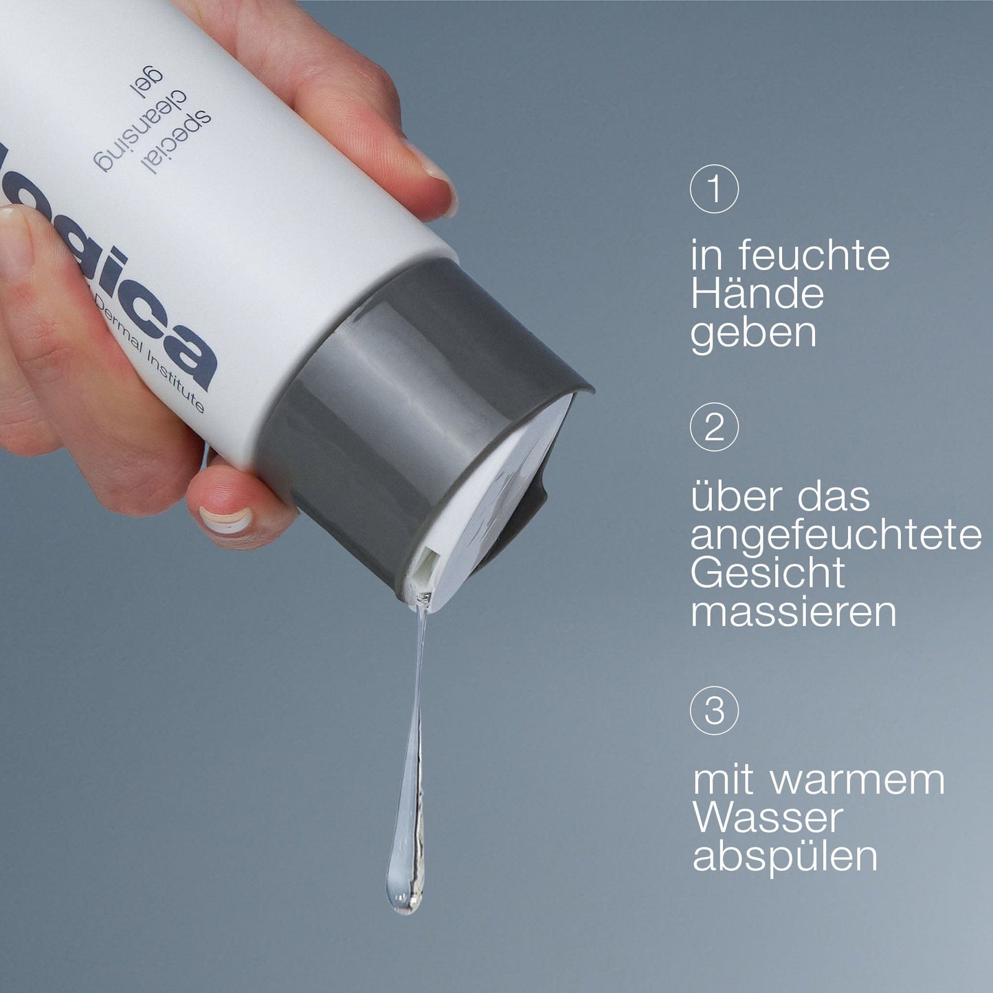 Eine Hand spendet Special Cleansing Gel aus einer weißen Tube. Eine deutsche Anleitung erklärt, wie man das seifenfreie, pH-hautneutrale Produkt auf das Gesicht aufträgt und abspült.