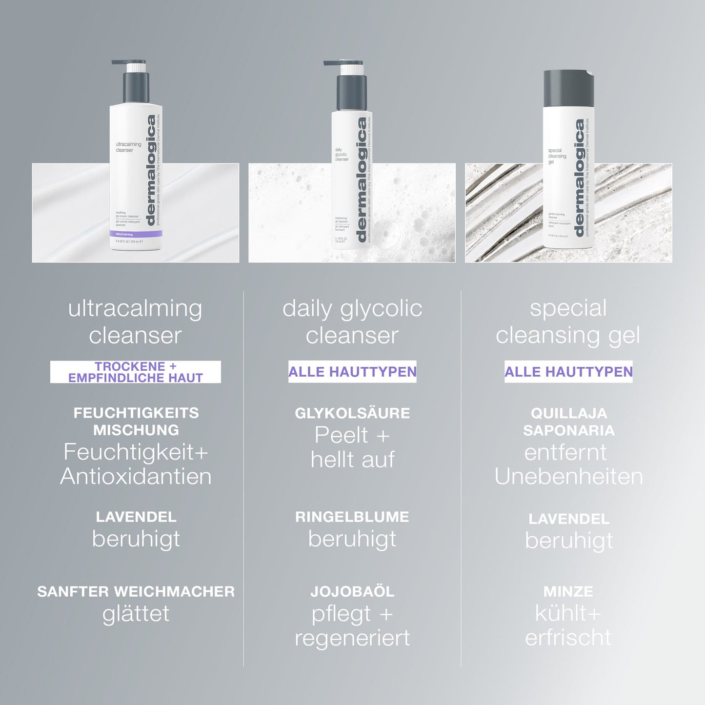 Drei UltraCalming Cleanser von Dermalogica werden mit deutschen Beschreibungen präsentiert, die wichtige Inhaltsstoffe, den Ultra Calming Komplex sowie ihre Wirkung und Eignung für empfindliche Haut hervorheben.