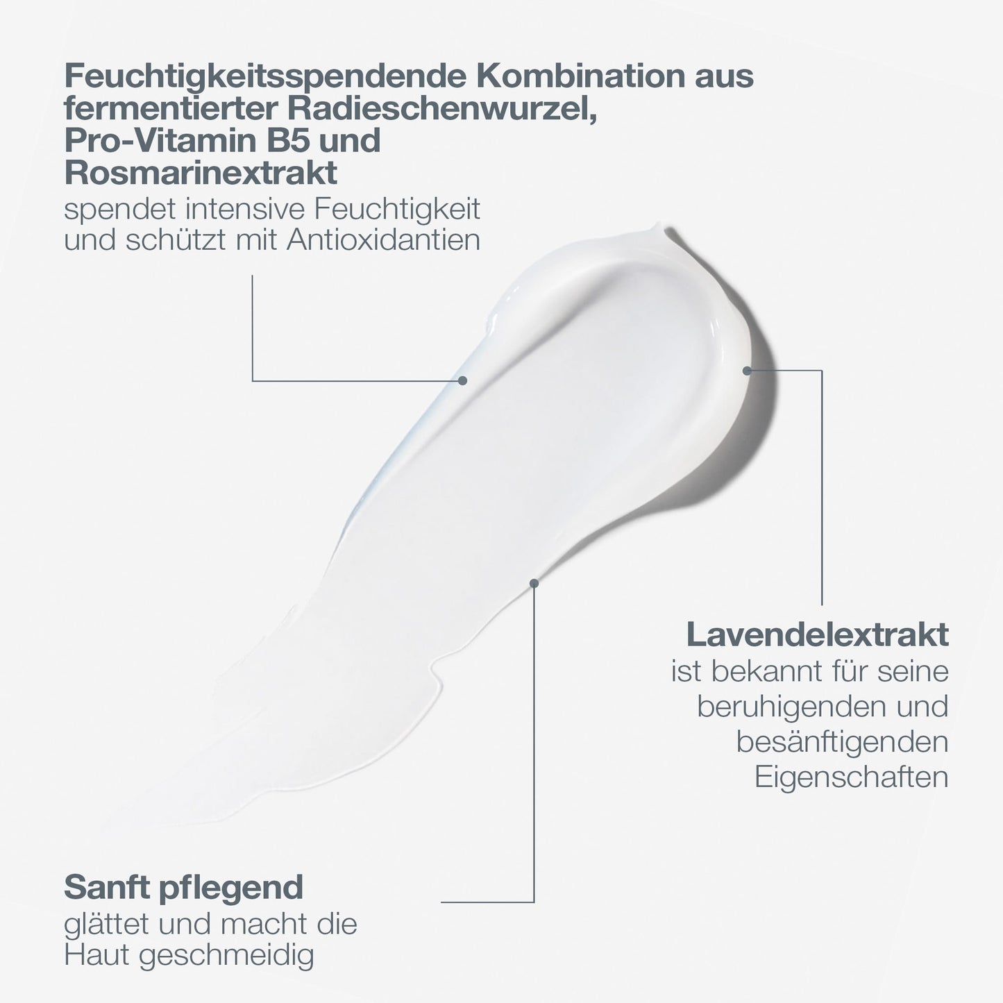 Ein weißer Klecks UltraCalming Cleanser mit beschriftetem Text, der die feuchtigkeitsspendende Wirkung von Rettichwurzel, Pro-Vitamin B5, Rosmarin, Lavendelextrakt, Ultra Calming Komplex und hautberuhigende Wirkung für empfindliche Haut hervorhebt.