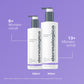 Zwei Flaschen UltraCalming Cleanser - sanft und perfekt für empfindliche Haut. Erhältlich in den Größen 250ml (6+ Monate) und 500ml (13+ Monate), mit lila Hintergrund.