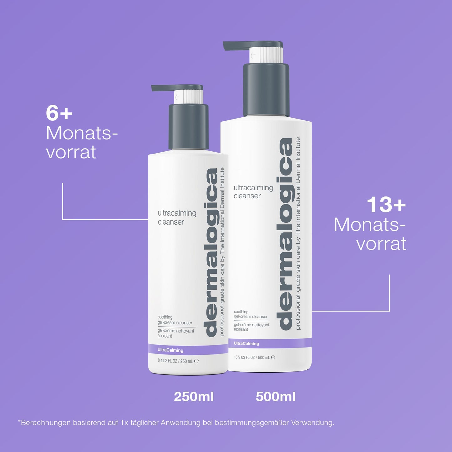 Zwei Flaschen UltraCalming Cleanser - sanft und perfekt für empfindliche Haut. Erhältlich in den Größen 250ml (6+ Monate) und 500ml (13+ Monate), mit lila Hintergrund.