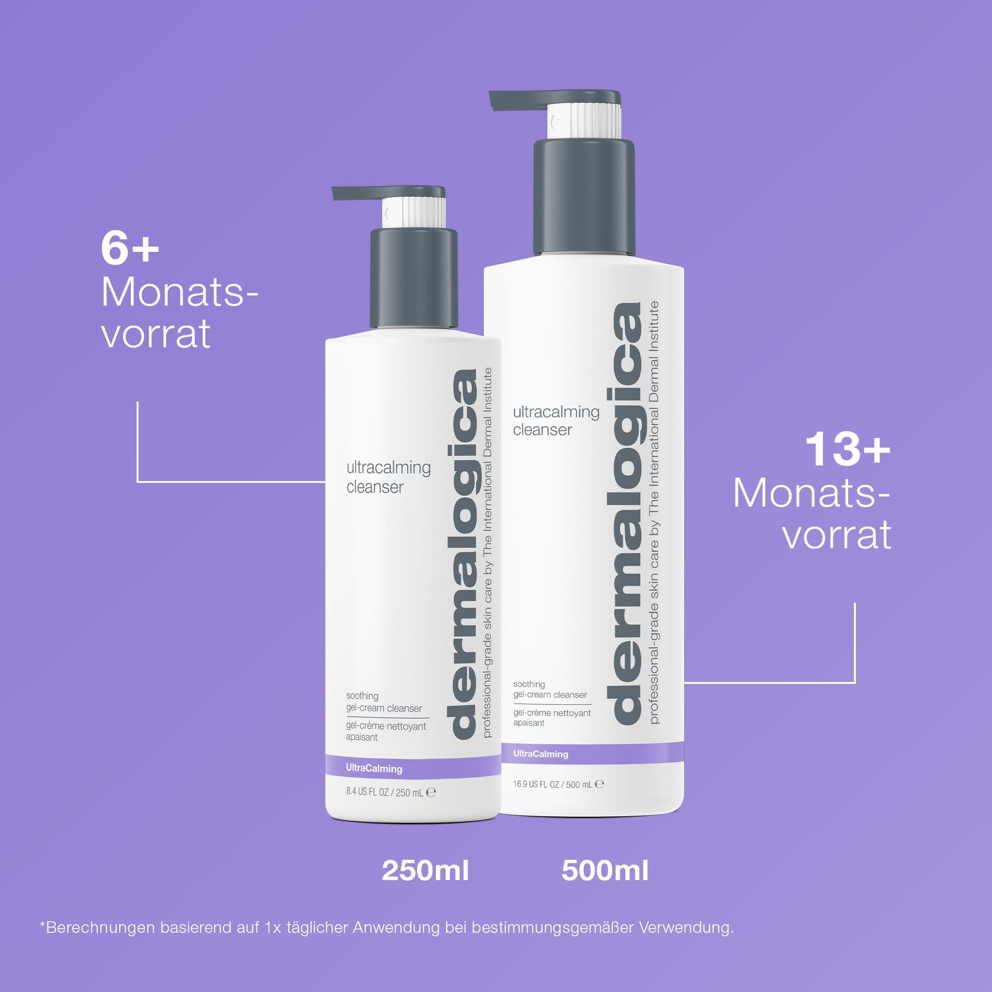 Zwei Flaschen UltraCalming Cleanser - sanft und perfekt für empfindliche Haut. Erhältlich in den Größen 250ml (6+ Monate) und 500ml (13+ Monate), mit lila Hintergrund.