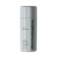 Ein silberner zylindrischer Behälter mit Dermalogica Daily Superfoliant, einem hauterneuernden Puderpeeling mit Binchotan-Holzkohle, mit dem Produktnamen und Einzelheiten auf dem Etikett.