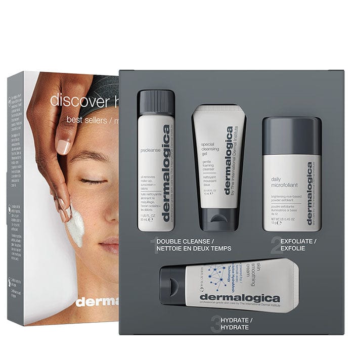 Verpackung des Dermalogica Hautpflegesets mit drei Produkten und einem Bild einer Person, die eine Creme auf das Gesicht aufträgt.