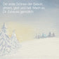 Aquarell-Illustration einer verschneiten Landschaft mit pastellfarbenem Himmel, Bäumen und deutschem Text über den ersten Schnee der Saison, gemütliche Momente zu Hause und den Genuss von glatter Haut mit dem ersten Schnee der Saison Set Peeling Geschenkset.
