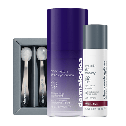 Es werden drei Hautpflegeprodukte von Dermalogica gezeigt: Phyto Nature Lifting Eye Cream + 2 Geschenke, Dynamic Skin Recovery SPF50 Anti-Age-Tagespflege und ein Box-Set mit Applikatoren mit zwei Enden.