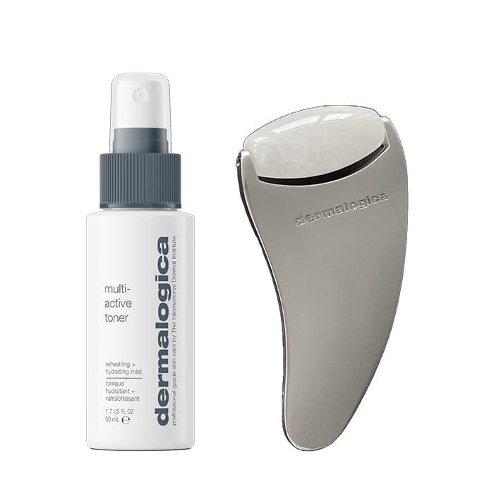 Das Set „Multi-Active Toner Reisegröße + Gua Sha Roller – Dein Geschenk!“ kombiniert einen Toner in Reisegröße mit einem eleganten silbernen Gua Sha Roller für eine verbesserte Hautpflegeroutine.