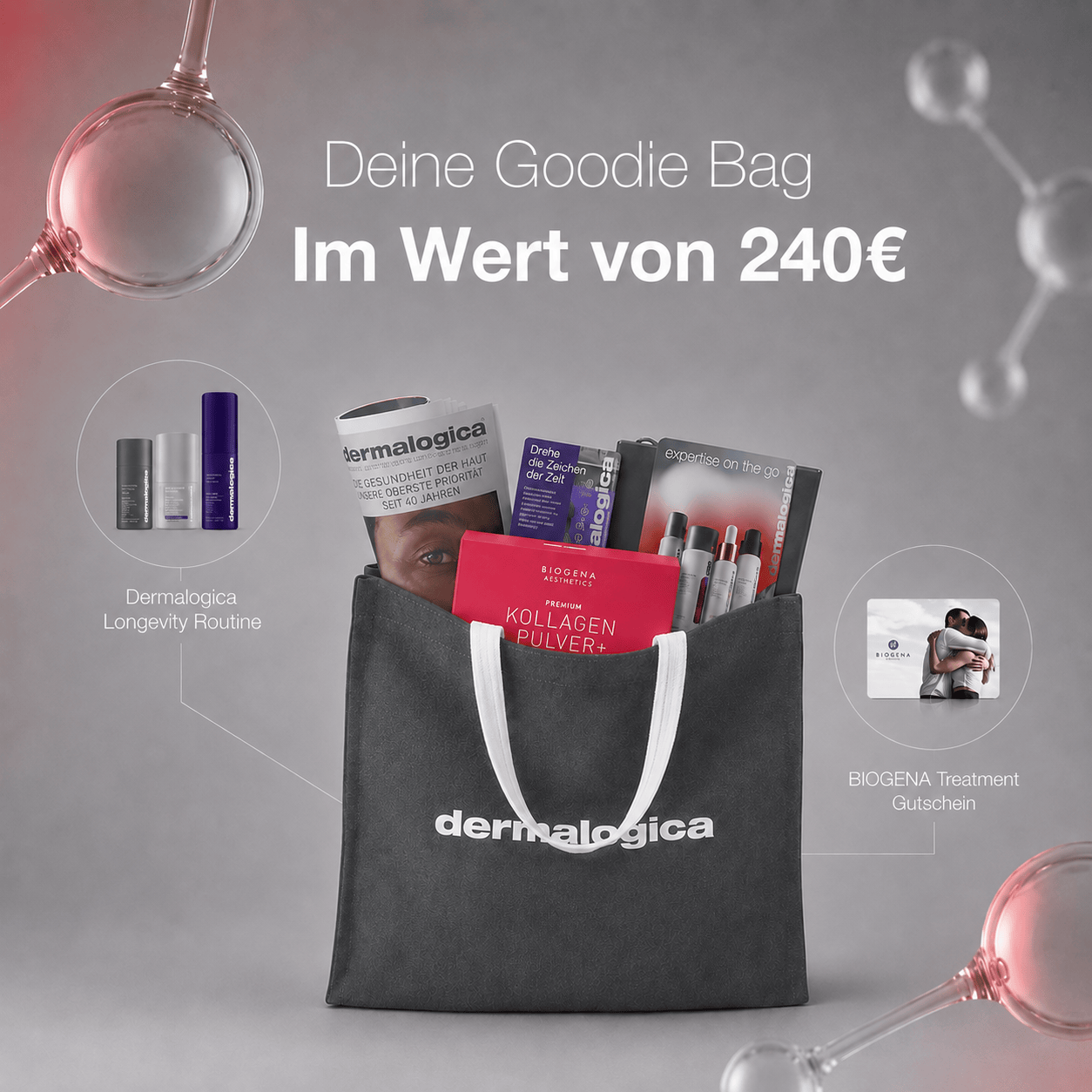 Eine schwarze Dermalogica-Tragetasche enthält das innovative „BIOHACKING SKIN LONGEVITY TICKET“ sowie Hautpflegeprodukte und Gutscheine zur Förderung der Hautalterungsprävention, dargestellt vor einem grauen Hintergrund mit Molekülgrafiken und dem Schriftzug „Deine Goodie Bag im Wert von 240 €“.