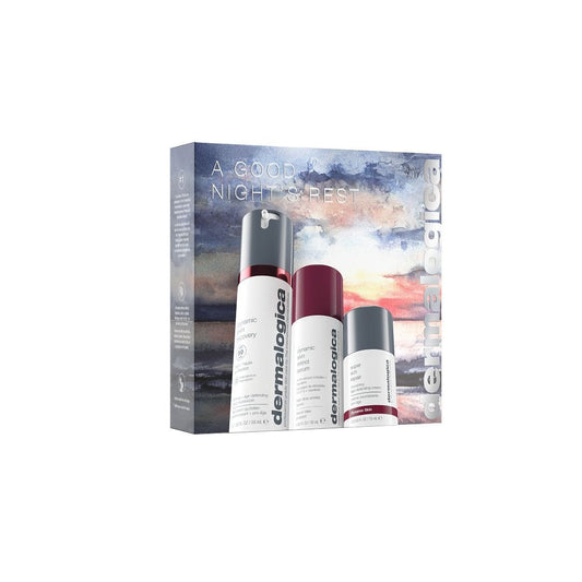 Das A Good Night's Rest Set enthält drei Anti-Aging-Produkte von Dermalogica vor einer mit Sonnenuntergang illustrierten Box und ist damit ein ideales Hautpflege-Geschenkset für strahlende, jugendliche Haut.