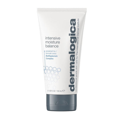 Weiße 150-mL-Tube der Intensive Moisture Balance Feuchtigkeitscreme mit grauer Kappe und blaugrauer Schrift auf einfarbigem Hintergrund.