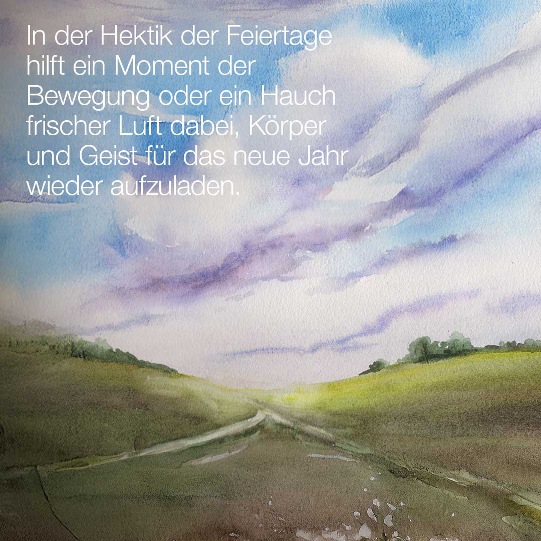 Eine aquarellierte Landschaft mit grünen Feldern und blauem Himmel mit einem deutschen Text über Urlaubsentspannung fängt die erholsame Erfahrung des Sets A Moment in Nature ein.