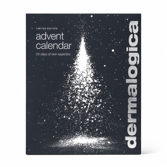 Dermalogica Premium-Adventskalender 2026 – Diese elegante Schachtel ziert ein weißer, abstrakter Weihnachtsbaum vor einem schlichten schwarzen Hintergrund und trägt den Schriftzug „24 days of skin expertise“ – damit ist sie die ideale Möglichkeit, hochwertige Hautpflegeprodukte zu entdecken und Ihre Hautpflege-Routine in dieser festlichen Jahreszeit auf ein neues Niveau zu heben.