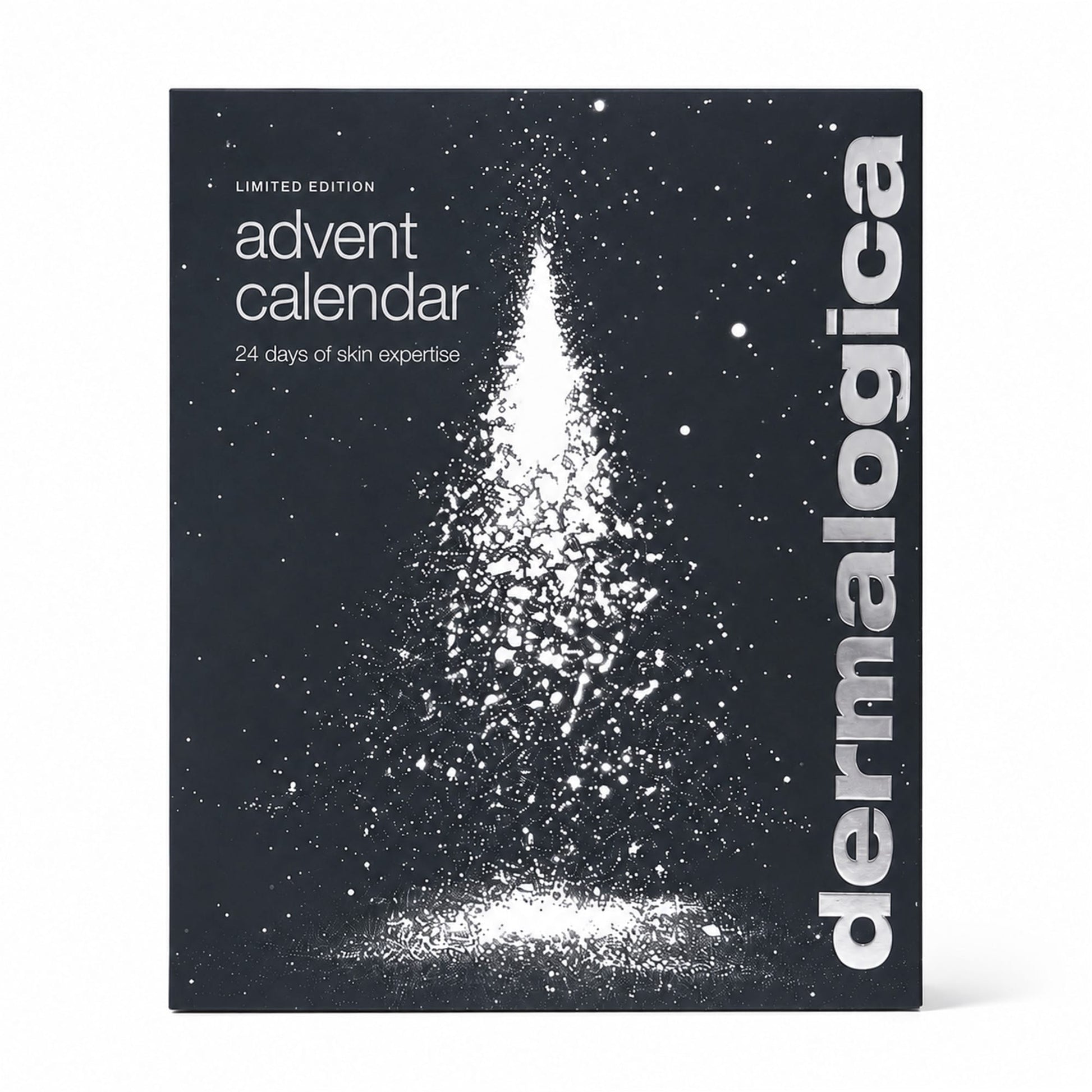Dermalogica Premium-Adventskalender 2026 – Diese elegante Schachtel ziert ein weißer, abstrakter Weihnachtsbaum vor einem schlichten schwarzen Hintergrund und trägt den Schriftzug „24 days of skin expertise“ – damit ist sie die ideale Möglichkeit, hochwertige Hautpflegeprodukte zu entdecken und Ihre Hautpflege-Routine in dieser festlichen Jahreszeit auf ein neues Niveau zu heben.