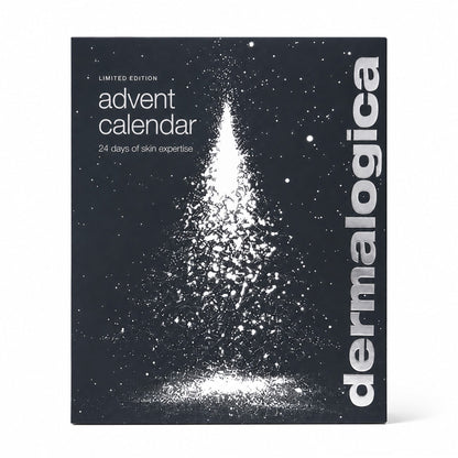 Dermalogica Premium-Adventskalender 2026 – Diese elegante Schachtel ziert ein weißer, abstrakter Weihnachtsbaum vor einem schlichten schwarzen Hintergrund und trägt den Schriftzug „24 days of skin expertise“ – damit ist sie die ideale Möglichkeit, hochwertige Hautpflegeprodukte zu entdecken und Ihre Hautpflege-Routine in dieser festlichen Jahreszeit auf ein neues Niveau zu heben.
