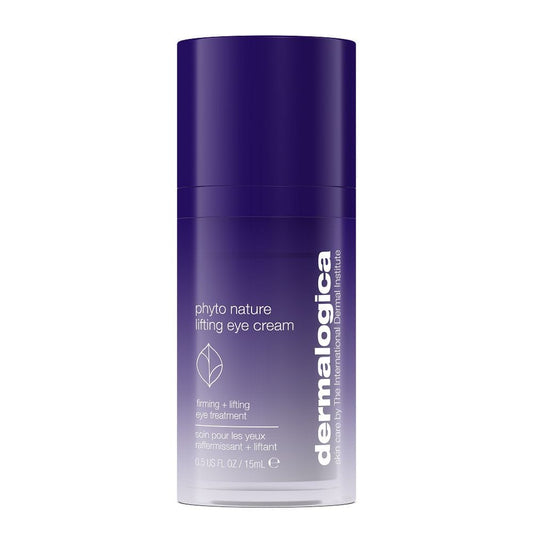 Eine violette, zylindrische Flasche mit der Aufschrift „Phyto Nature Lifting Eye Cream“, die 15 ml straffende Augencreme zur Faltenreduzierung und zur Straffung der Augenlider enthält.