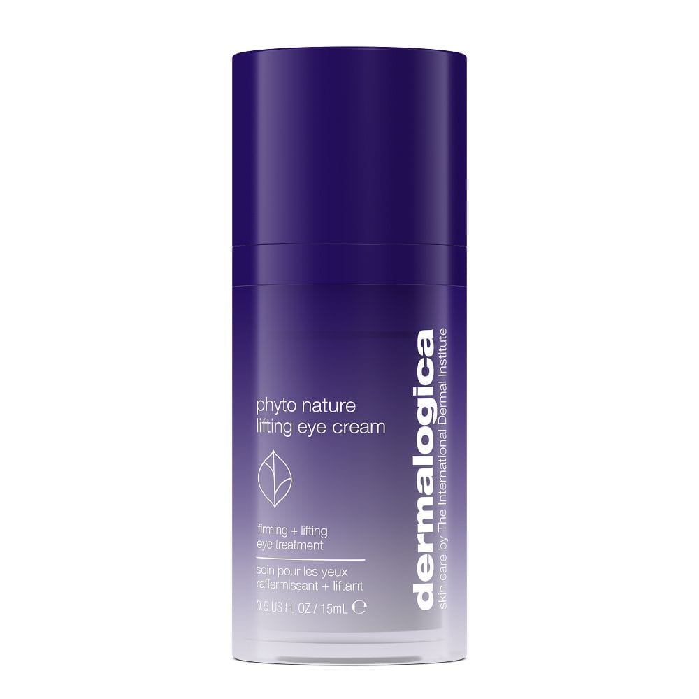 Eine violette, zylindrische Flasche mit der Aufschrift „Phyto Nature Lifting Eye Cream“, die 15 ml straffende Augencreme zur Faltenreduzierung und zur Straffung der Augenlider enthält.