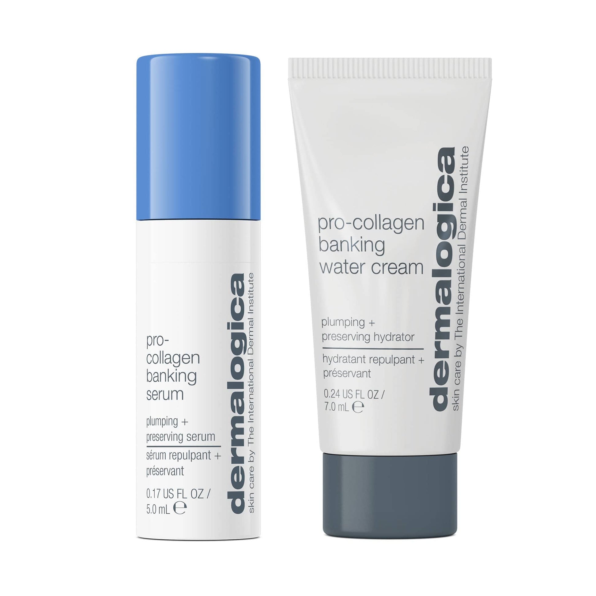 Zwei Minis im Wert von 27 €: ein 15 ml Pro-Collagen Banking Serum mit blauem Deckel und eine 30 ml Pro-Collagen Banking Water Cream mit grauem Deckel, beide stehend.