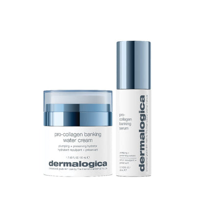 Zwei wesentliche Produkte von Dermalogica: Die Pro-Collagen Banking Water Cream im Tiegel und das Pro-Collagen Banking Serum in einer eleganten Pumpe, beide in einer blau-weißen Verpackung für einen frischen, modernen Look.