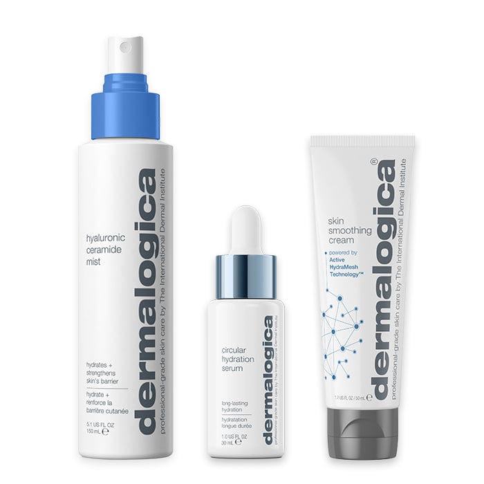 Dermalogica-Hautpflegeprodukte mit Routine bei Feuchtigkeitsmangel auf weißem Hintergrund.