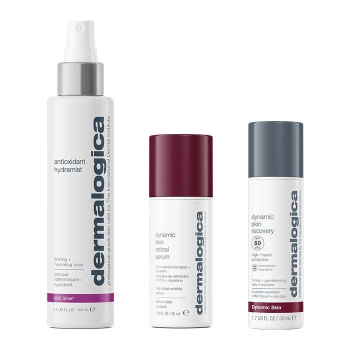 Drei Dermalogica Hautpflegeprodukte: Antioxidant Hydramist, Dynamic Skin Retinol Serum und Dynamic Skin Recovery SPF50.