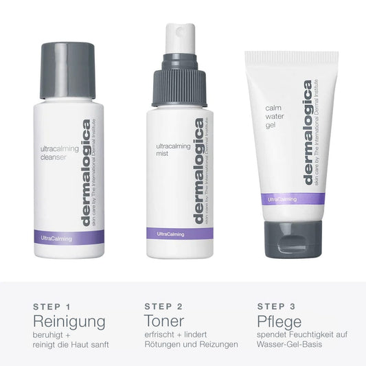 Ein Trio von Sensitive Rescue Kit-Hautpflegeprodukten für empfindliche Haut: ein Reinigungsmittel, ein Spray und ein beruhigendes Wassergel, präsentiert als 3-Schritte-Routine für sanfte Haut.