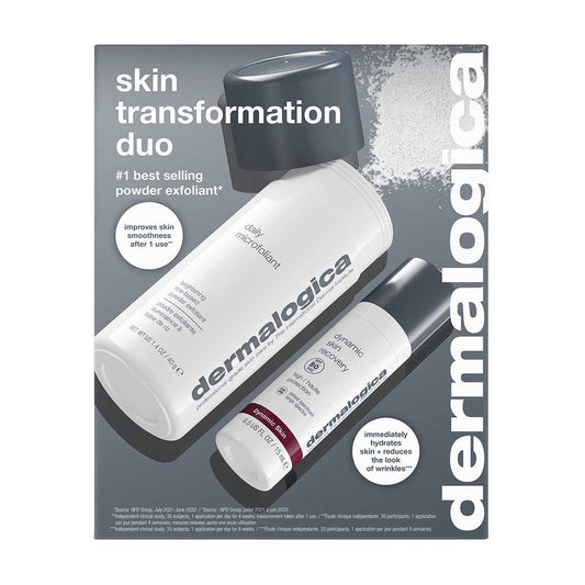 Die Skin Transformation Duo Box enthält Daily Microfoliant und Dynamic Skin Recovery SPF50 für strahlende Haut, wobei die Produktvorteile auf der Verpackung ausführlich beschrieben sind.