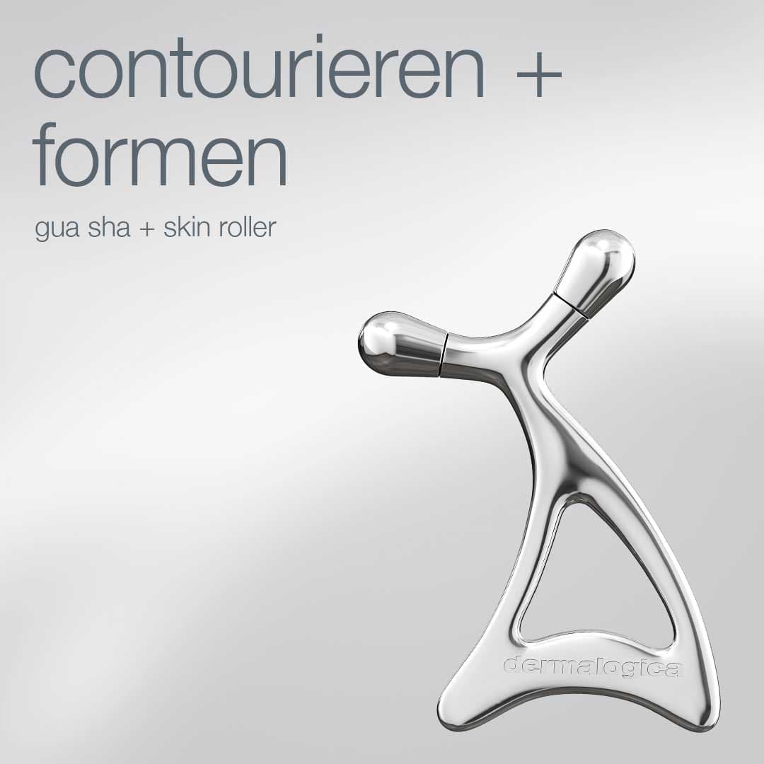 Das A Moment in Nature Set besteht aus einem silbernen Gua Sha und einem Hautroller mit den Aufschriften "contourieren + formen" und "gua sha + skin roller" und ist ideal zur Ergänzung Ihrer Phyto Nature Oxygen Cream und Lifting-Power Hautpflege.