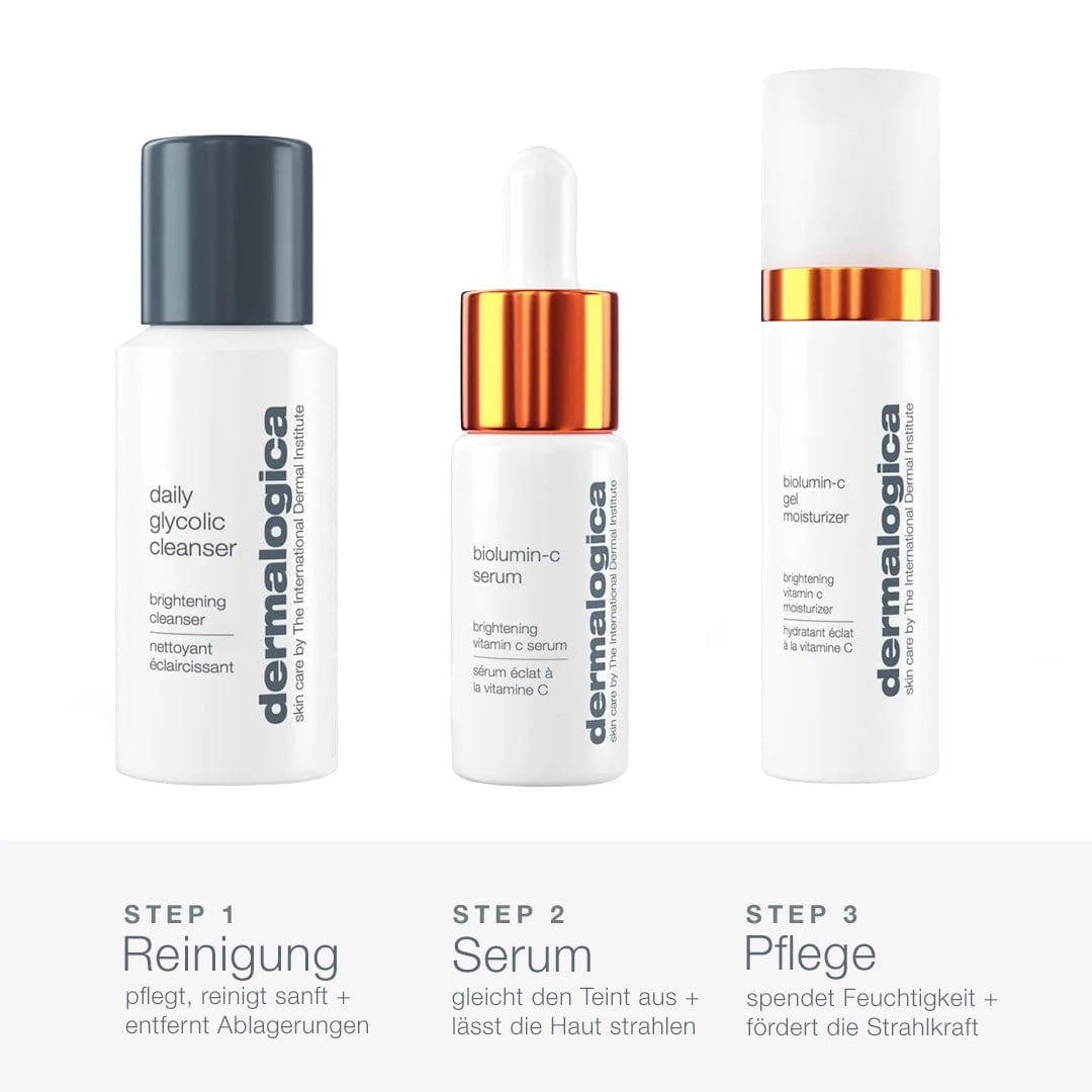 Dreistufige Hautpflege Daily Brightness Boosters | Vitamin-C-Pflegeset-Sortiment mit einem Reinigungsmittel, einem Serum und einer Feuchtigkeitscreme von Dermalogica für täglichen Glanz.