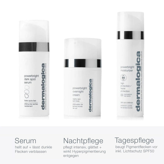 Drei Hautpflegeprodukte der Marke Dermalogica, darunter das PowerBright Dark Spot Solutions Kit, eine Nachtcreme gegen Hyperpigmentierung und eine Tagespflege.