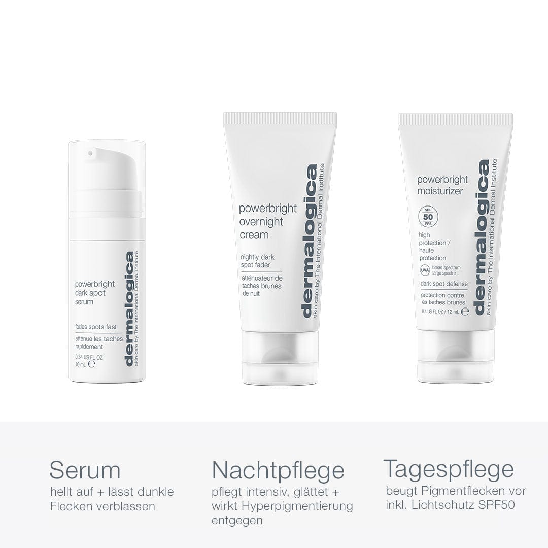 Drei PowerBright Dark Spot Solutions-Hautpflegeprodukte: ein Serum, eine Nachtcreme und eine Feuchtigkeitscreme mit LSF 50, präsentiert mit Etiketten in deutscher Sprache mit Schwerpunkt auf Hautaufhellung und Schutz bei hyperpigmentierter Haut.