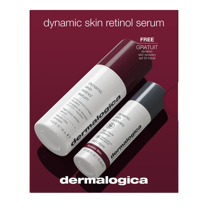 Das Dynamic Defense Duo, bestehend aus dem Dynamic Skin Retinol Serum und einer kostenlosen Reisegröße Feuchtigkeitspflege SPF50, präsentiert sich in einer wunderschönen burgunderroten und weißen Schachtel für fortschrittliche Anti-Aging-Pflege.