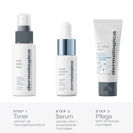 Dreistufige Hautpflegeroutine mit Toner, Serum und Feuchtigkeitscreme für langanhaltende Feuchtigkeitsversorgung von Dermalogica.