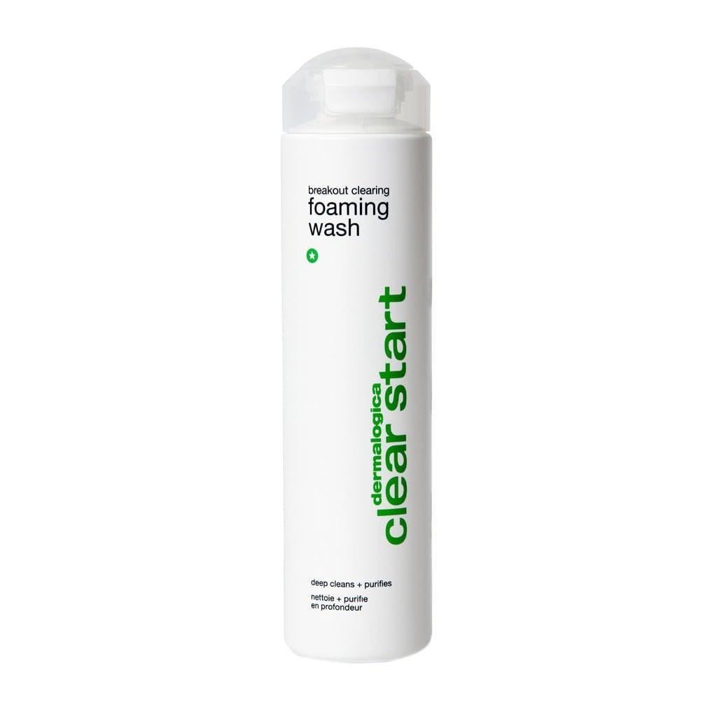 Weiße Flasche mit Aufschrift "Dermalogica Clear Start Breakout Clearing Foaming Wash".