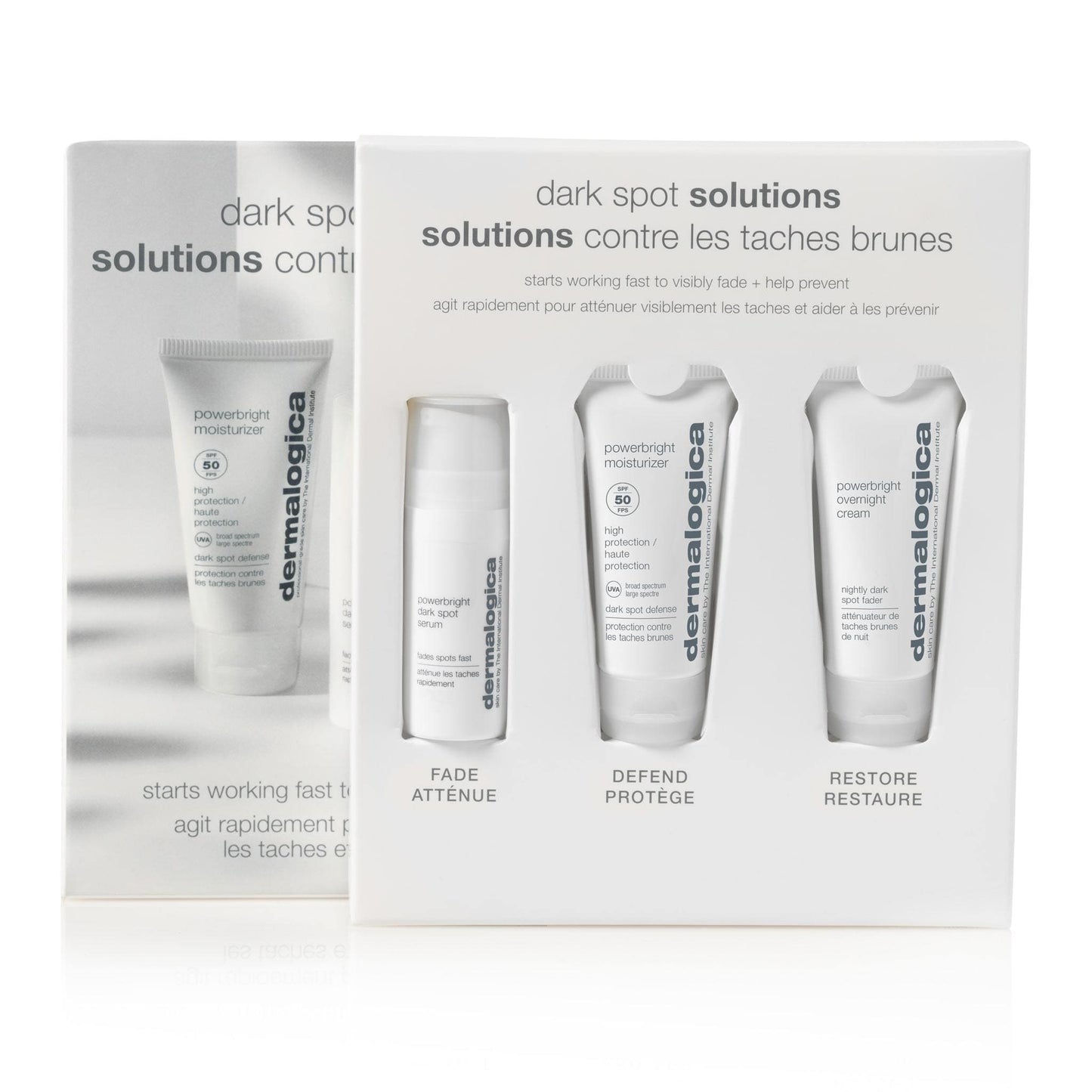Dermalogica Dark Spot Solutions Hautpflege-Set mit drei Produkten: Powerbright Moisturizer, Powerbright Dark Spot Serum und Powerbright Overnight Cream.
