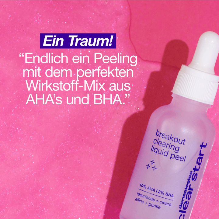 Flasche des Clear Start Breakout Clearing Liquid Peel Hautpflegeprodukts mit Texten, die dessen Vorteile beschreiben, auf einem rosa Hintergrund.