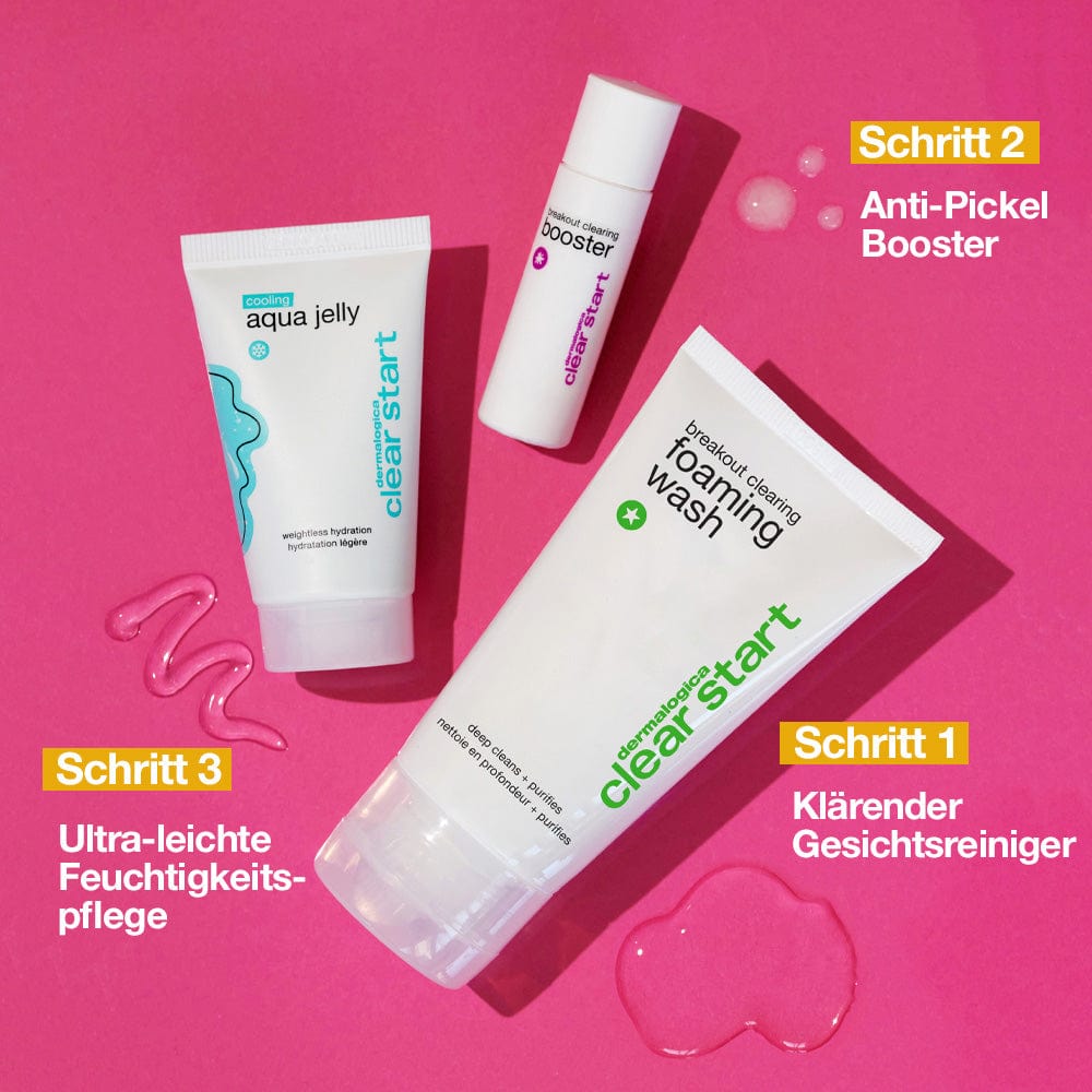 Drei Hautpflegeprodukte von Dermalogica Clear Start, darunter ein Klärender Gesichtsreiniger, Anti-Pickel Booster und eine Ultra-leichte Feuchtigkeitspflege, angeordnet auf einem pinken Hintergrund.